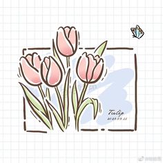 some pink tulips are in front of a checkered background with a butterfly