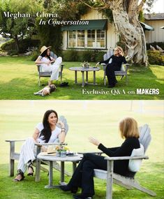 two women sitting on chairs talking to each other in front of a tree and an old house