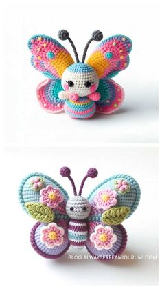 crocheted butterfly is shown in three different colors