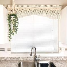 a kitchen sink under a window with a plant hanging from it's valance