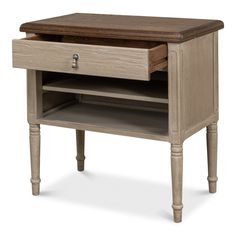 a wooden table with two drawers on one side and an open drawer on the other