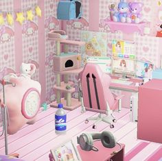 a room with pink furniture and teddy bears on the wall, including a bed, desk, chair, bookshelf and other items