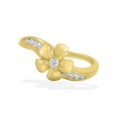 14K Yellow Gold Plumeria Ring with 0.19 Carats (total weight) of Diamonds. This ring is available in a Size 7. If you wish to order a different size, please add the item to the Shopping Bag, and note the desired size in the Customer comment field. Some sizes may require additional delivery time and may result in a higher price. You will receive a message with details to the email address associated with the order.  This Ring can be paired with the Swirl Diamond Band, Item number: 18957. Plumeria Ring, Fine Jewels, Diamond Band, Diamond Bands, Email Address, Item Number, Swirl, Diamond Ring, The Order