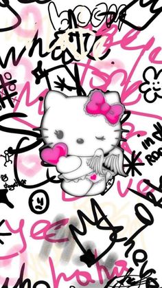 the hello kitty graffiti wallpaper is pink and white