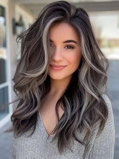 How To Go Gray, Dark Grey Hair Color, Chocolate Brown Balayage, Trendy Balayage, Brown Hair With Silver Highlights, Dark Hair Color Ideas, Dark Hair Color, Hair Color Ideas For Winter, Grey Brown Hair