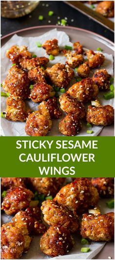 chicken sesame cauliflower wings on a plate with the words sticky sesame cauliflower wings