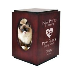 a cat sitting inside of a wooden box with the words paw prints in heaven on it