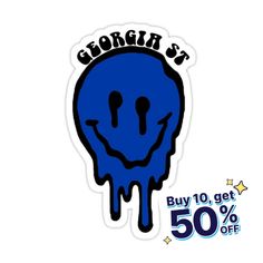 a blue sticker with the words george's buy 10 get 50 % off