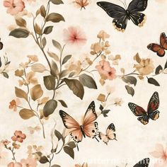 butterflies and flowers on a white background