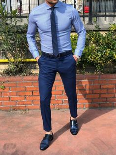 Dark Blue Dress Shirt, Light Blue Dress Pants, Trousers Outfit Men, Blue Pants Outfit, Indigo Pants, Dress Pants Outfits, Monochrome Makeup, Mens Dress Outfits, Trousers Outfit