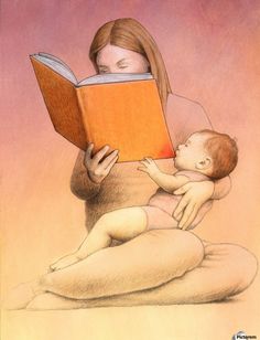 a drawing of a woman reading a book to a baby