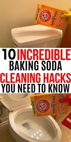 a toilet with the words to incredible baking soda cleaning hacks you need to know