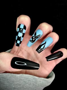 Checkered Nails, Summer Acrylic, Bunny Nails, Black Acrylic Nails, Nails Coffin Short, Bunny Logo, Drip Nails, Girl Nails, Nail Blue