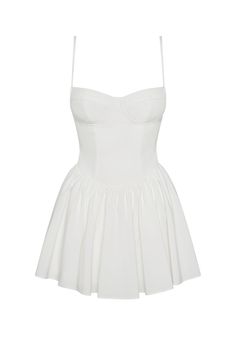 Discover the epitome of femininity in our Bellini Bustier Mini Dress. This classic, white mini dress is complimented with wire bustier cups, side pockets and cinching waistline which effortless skims down the body to a flared skirt hemline. The mini length makes it a fun and flirty dress perfect for any summer occasion! Fitted Corset Dress With Ruched Bodice, Mini Length, Fitted A-line Mini Dress For Daywear, White Mini Dress With Pleated Fitted Bodice, White Mini Dress With Pleated Bodice, Cocktail Fit And Flare Corset Dress Mini Length, Cocktail Fit And Flare Mini Corset Dress, Fitted Mini Dress With Bust Darts For Spring, Cocktail Fit And Flare Corset Dress, Spring Fitted Mini Dress With Bust Darts