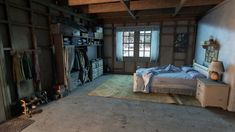 an old bedroom with a bed, dresser and closet