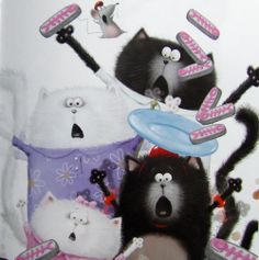 a group of cats that are standing in front of each other with toothbrushes on their heads