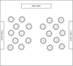 a table with eight chairs and four rows of flowers in the middle, all arranged on top of each other