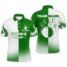 a green and white polo shirt with bowling pins on the front, customize to match your team name