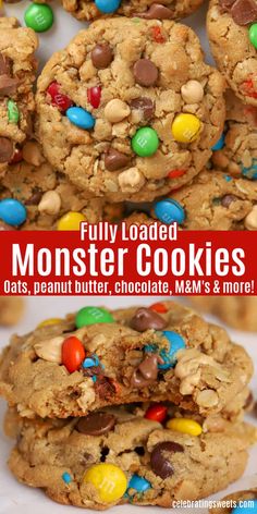 monster cookies stacked on top of each other with m & m's in the middle