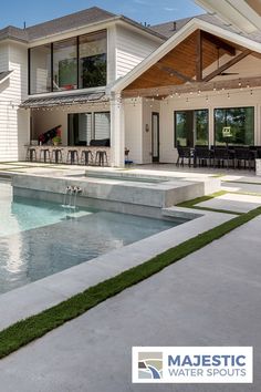 Concrete & Grass Turf Backyard Design with Outdoor Bar White Concrete Pool, White Plaster Pool, French Gray Plaster Pool, White Plaster Pool Finish, Grey Plaster Pool, Backyard Pool And Spa, Turf Backyard, Harmony House, Backyard Pavilion