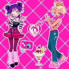 two cartoon characters standing next to each other on a pink and white checkered background