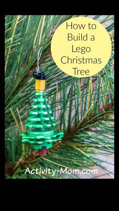 a lego christmas tree ornament hanging from a pine tree with the text how to build a lego christmas tree