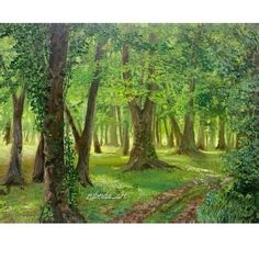 a painting of trees and grass in the middle of a forest with green leaves on them