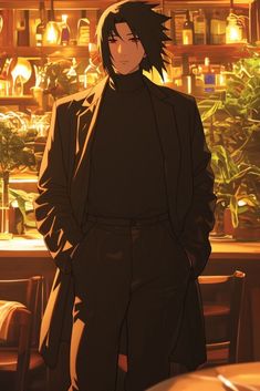 an anime character standing in front of a bar with bottles on the shelves behind him