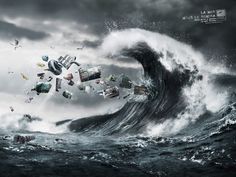 a large wave in the ocean with lots of trash floating around