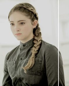 two pictures of a woman with long hair and braids on her head, one is looking at the camera