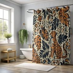 the shower curtain is decorated with leopards and leaves