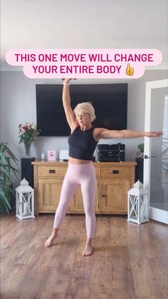 an older woman doing yoga in front of a tv with the caption, this one move will change your entire body