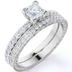 a princess cut diamond engagement ring set with matching band and matching wedding bands on the side