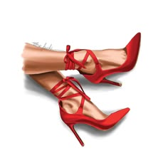 a pair of red high heeled shoes with laces on the toes and ankles