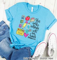 This Womens T-Shirts item is sold by TooCuteCustomDesign. Ships from Midlothian, TX. Listed on Jul 9, 2022 She Works Willingly With Her Hands, Daycare Shirts, Teacher Preschool, School Apparel, Teacher Accessories, Teacher Fashion, Proverbs 22, Teacher Back To School, School Spirit Shirts