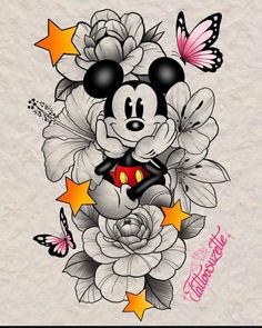 mickey mouse with flowers and butterflies on the back of it's head, surrounded by stars