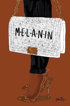 a drawing of a handbag with the word melanin written on it in black and white