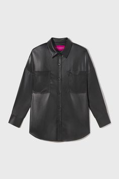 Image 2 of 7 - HUSBAND SHIRT - BLACK LEATHER Trendy Shirt With Button Closure And Lapel Collar, Black Workwear Shirt With Buttoned Pockets, Black Outerwear With Spread Collar And Buttons, Black Spread Collar Outerwear With Buttons, Black Workwear Tops With Buttoned Pockets, Single Breasted Fall Office Shirt, Fall Office Shirt Single Breasted, Fall Office Single-breasted Shirt, Oversized Business Tops With Button Closure