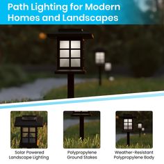 the path lighting for modern homes and landscapes is shown in three different styles, including black