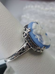 Blue Lady Cameo Ring, Sterling Silver Floral Filigree, Vintage Edwardian Jewelry, Silver Embrace Jewelry Silver Cameo Round Jewelry, Victorian Silver Cameo Rings, Antique Silver Cameo Rings, Blue Cameo Jewelry For Wedding, Blue Cameo Jewelry For Formal Occasions, Silver Cameo Ring For Anniversary, Silver Cameo Rings For Wedding, Ornate Cameo Jewelry For Anniversary, Silver Cameo Wedding Rings