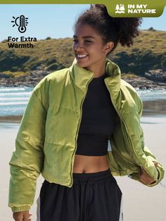 Solid Zip Up Drawstring Hem Crop Velour Padded Coat Green   Long Sleeve Knitted Fabric  Puffer Non-Stretch  Women Activewear, size features are:Bust: ,Length: ,Sleeve Length: Collared Greens, Active Top, Padded Coat, Green Coat, Outdoor Woman, Puffer Coat, Long Sleeve Knit, Active Wear For Women, Sports Women