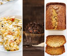 four different pictures with bread, muffins and other food items on them to be eaten