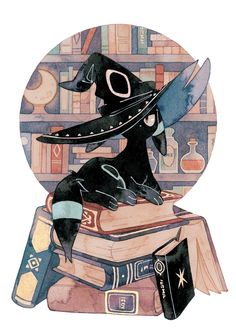 a black dog sitting on top of a pile of books next to a book shelf