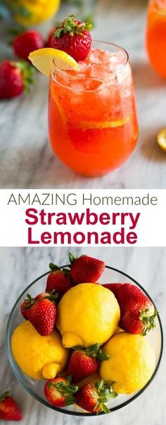 two pictures with lemons, strawberries and strawberry lemonade on the bottom one is in a glass bowl