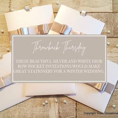 there is a white and silver wedding card on top of each other with the words, thank