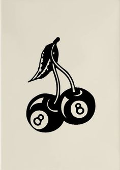 a black and white drawing of two cherries on a light gray background with the word 8 ball written below it