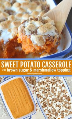 sweet potato casserole with brown sugar and marshmallow topping in blue dishes