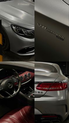 four different photographs of the interior and exterior of a car, including an automatic steering wheel