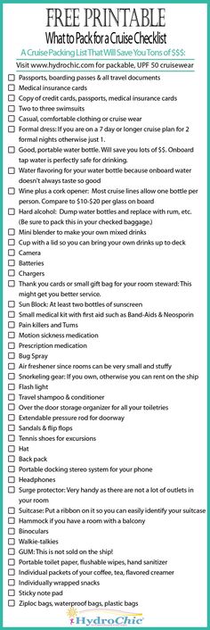 a printable checklist with the words, free printable what to pack for a cruise