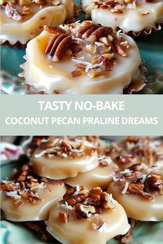 coconut pecan pralie dreams are made with tasty no - bake treats